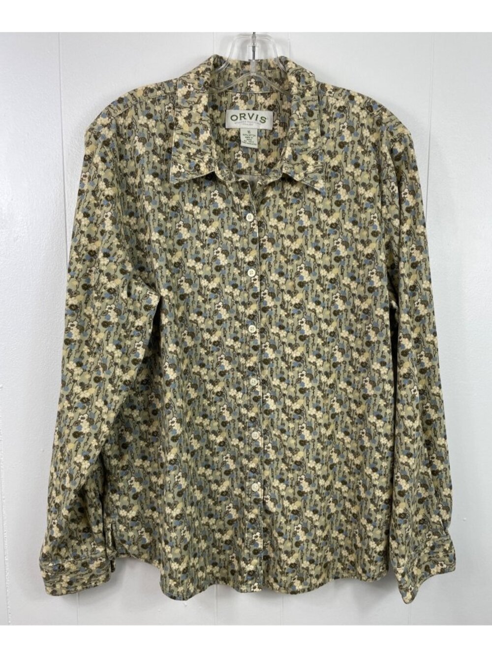 Orvis Womens Floral Corduroy Button-Down Shirt Size 16 Beige & Blue Long Sleeve